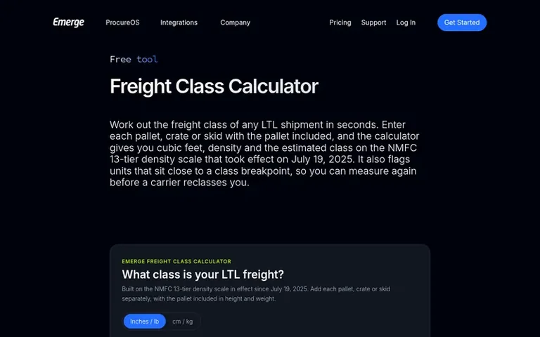 Screenshot of the Emerge Freight Class Calculator homepage