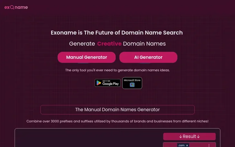 Screenshot of the Exoname homepage