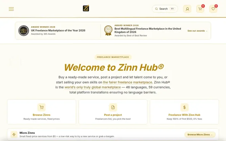 Screenshot of the Zinn Hub homepage