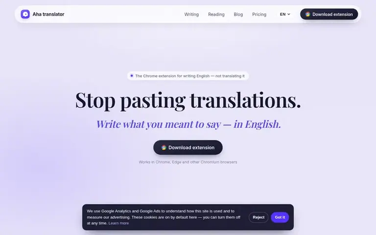 Screenshot of the Aha Translator homepage